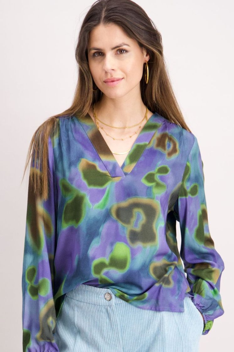 Blouse lm print paarsblauw met kaki en bruin 06 aqua/vert/ta