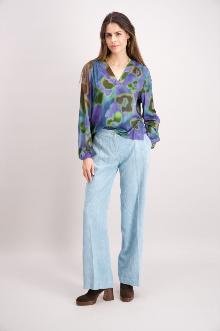 Blouse lm print paarsblauw met kaki en bruin 06 aqua/vert/ta