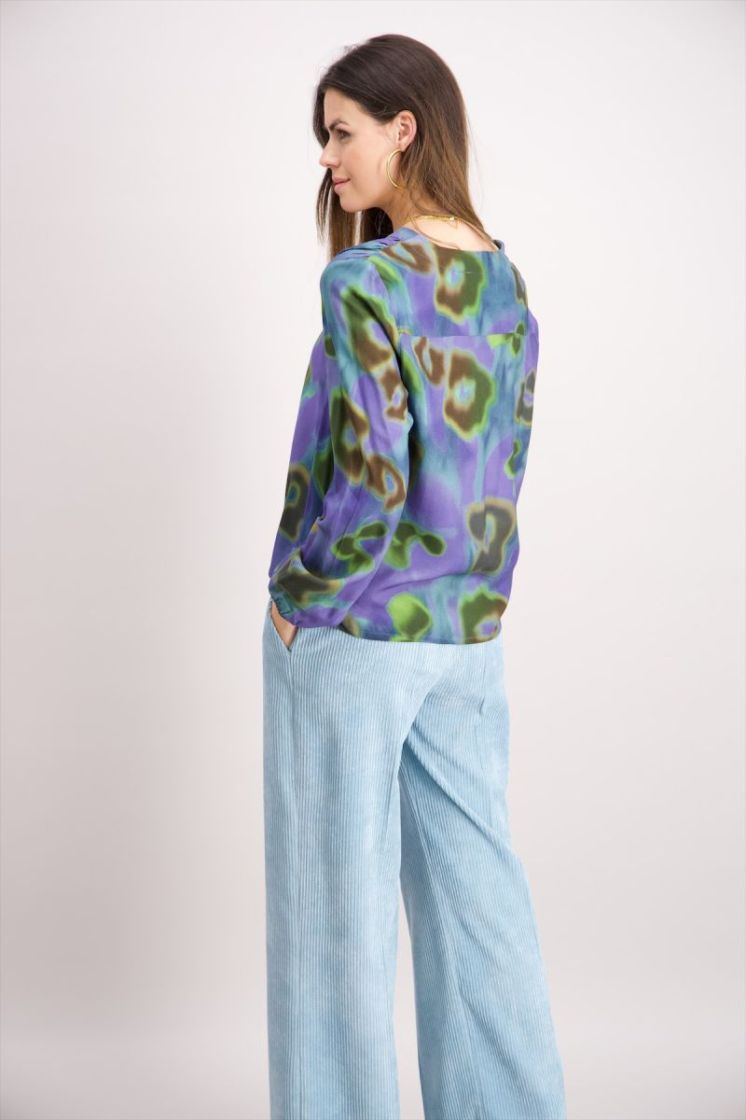 Blouse lm print paarsblauw met kaki en bruin 06 aqua/vert/ta