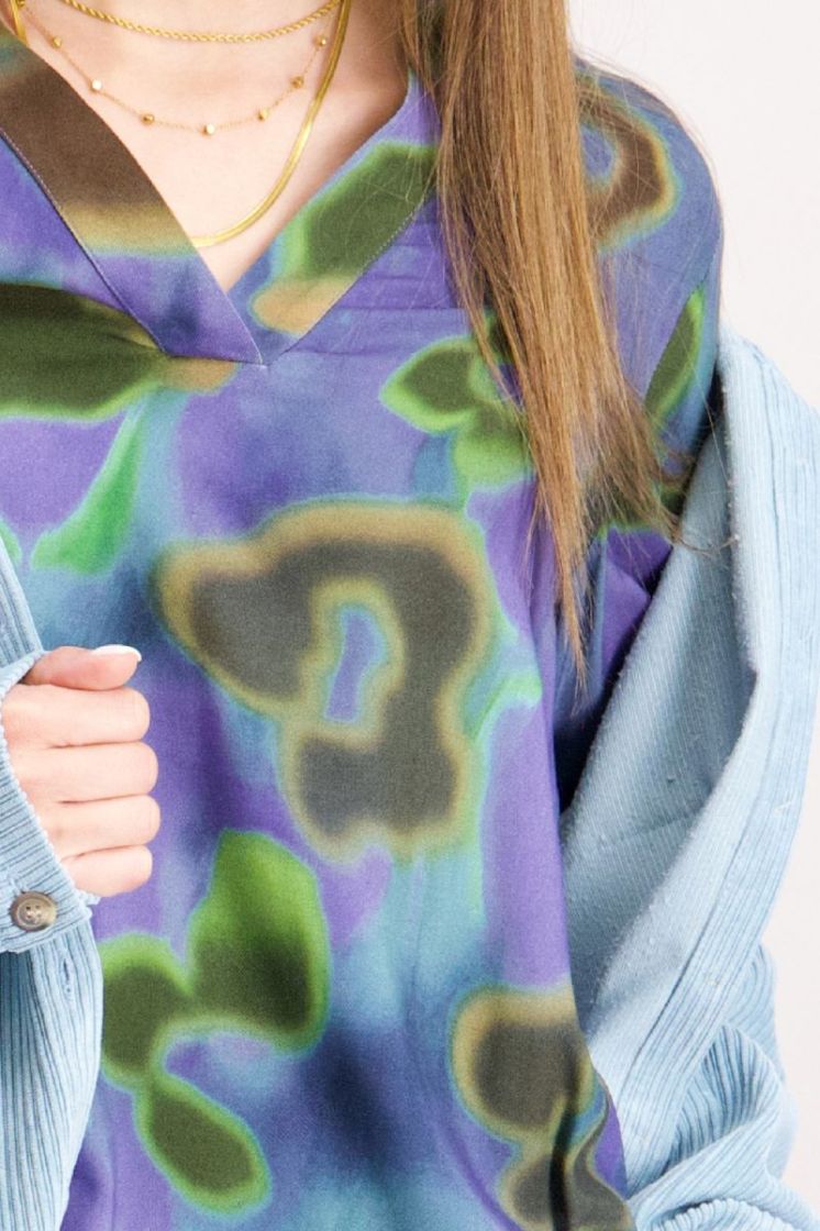 Blouse lm print paarsblauw met kaki en bruin 06 aqua/vert/ta