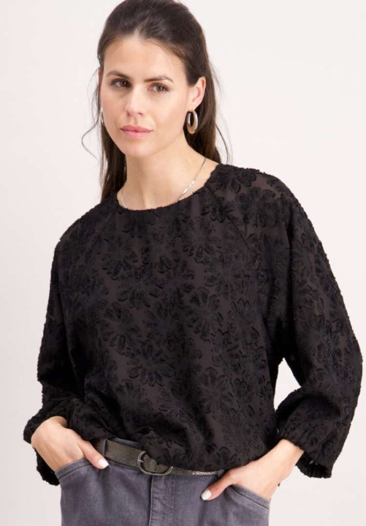 Blouse hlm tst bloemen rek onderaan 8 noir