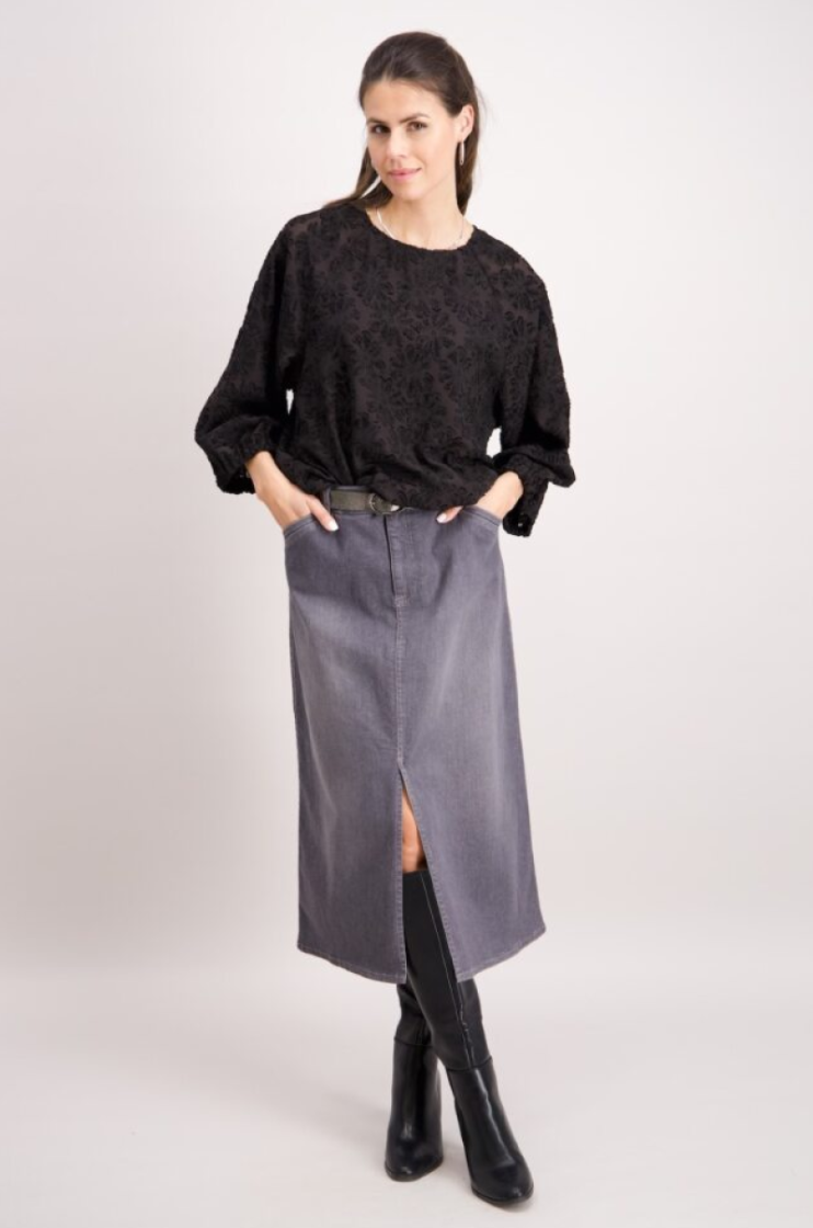 Blouse hlm tst bloemen rek onderaan 8 noir