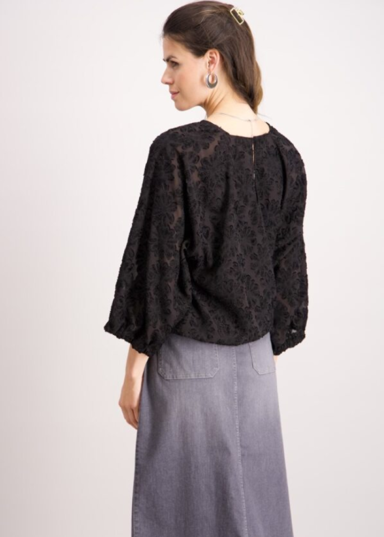 Blouse hlm tst bloemen rek onderaan 8 noir