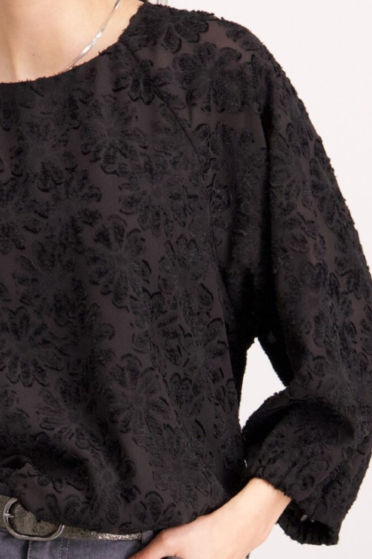 Blouse hlm tst bloemen rek onderaan 8 noir