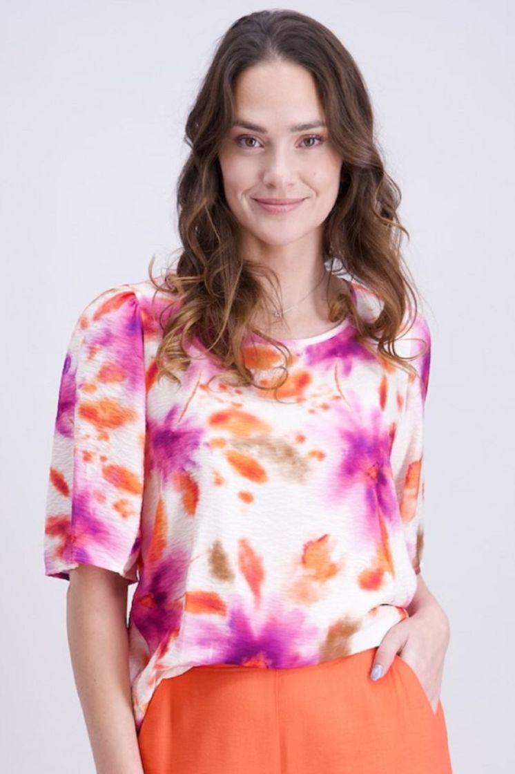 Blouse km bloemenprint ecru fuchsia oranje 9 lilas corail ecru