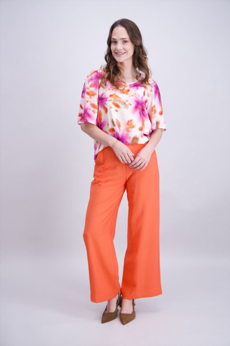 Blouse km bloemenprint ecru fuchsia oranje 9 lilas corail ecru