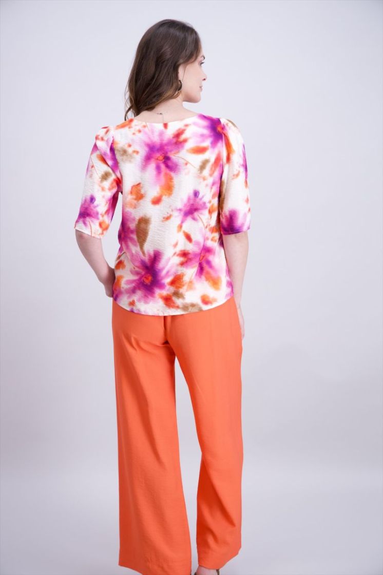 Blouse km bloemenprint ecru fuchsia oranje 9 lilas corail ecru
