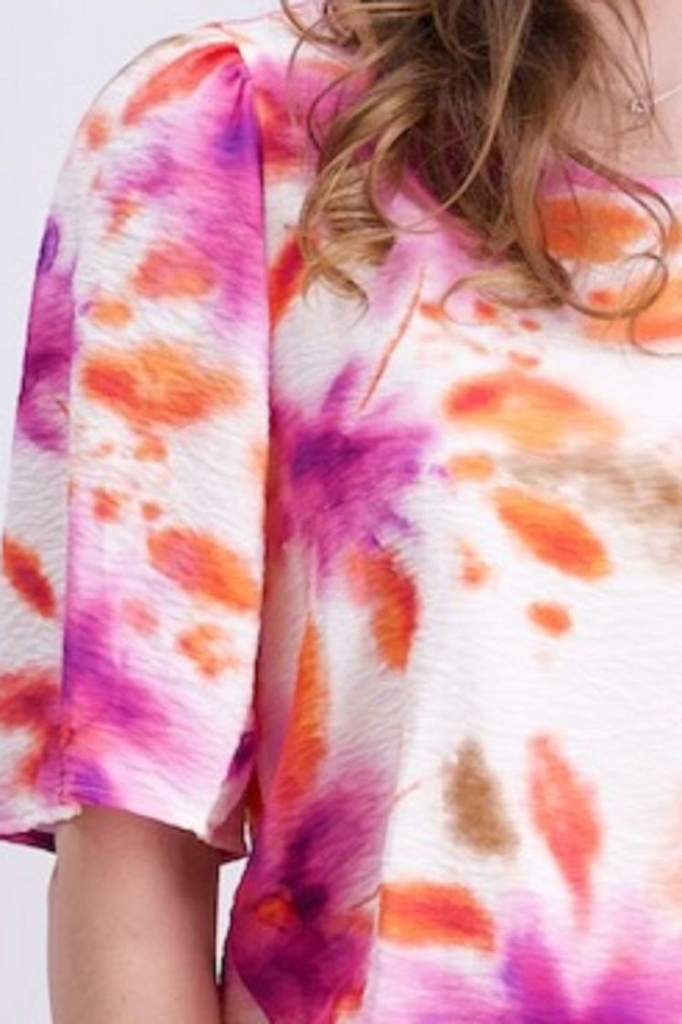 Blouse km bloemenprint ecru fuchsia oranje 9 lilas corail ecru