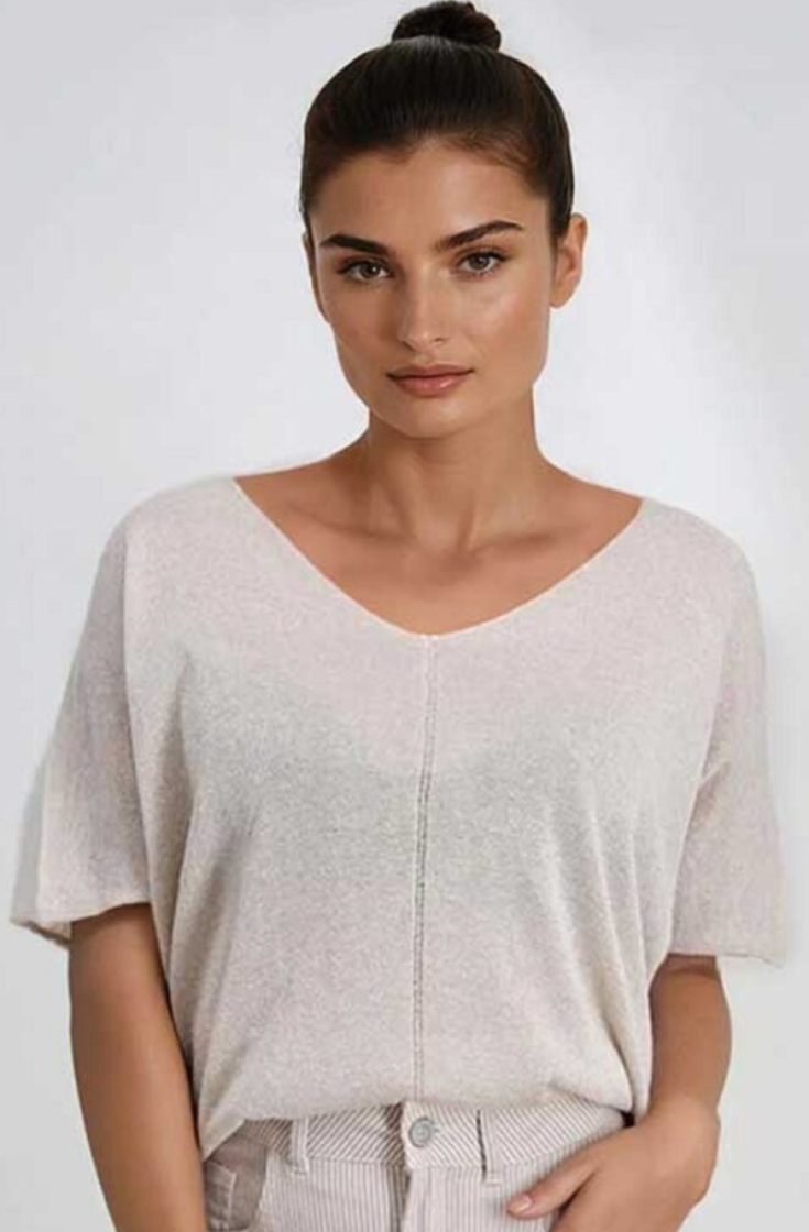 T-shirt v-hals fijne brei met lurex  2 ecru doré