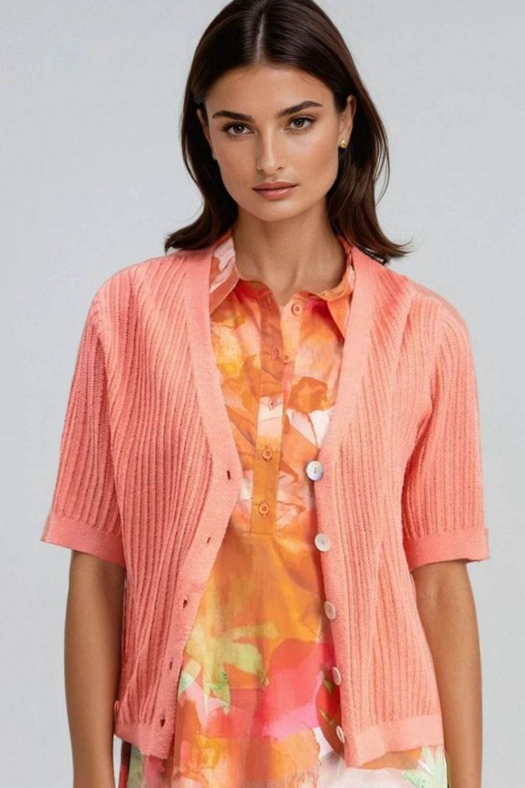 Cardigan korte mouwen strepenstructuur 54 beige corail
