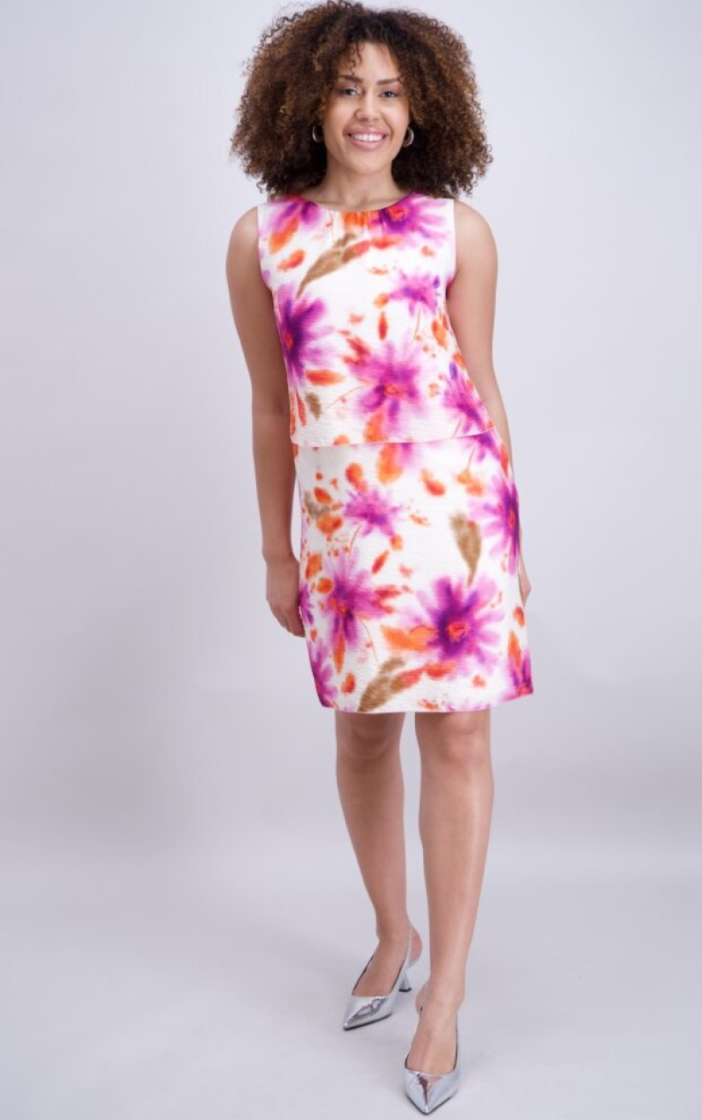 Kleed zm met overslagje op buik print ecru fuchsia oranje bruin 9 lilas corail ecru