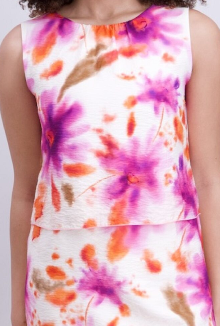 Kleed zm met overslagje op buik print ecru fuchsia oranje bruin 9 lilas corail ecru