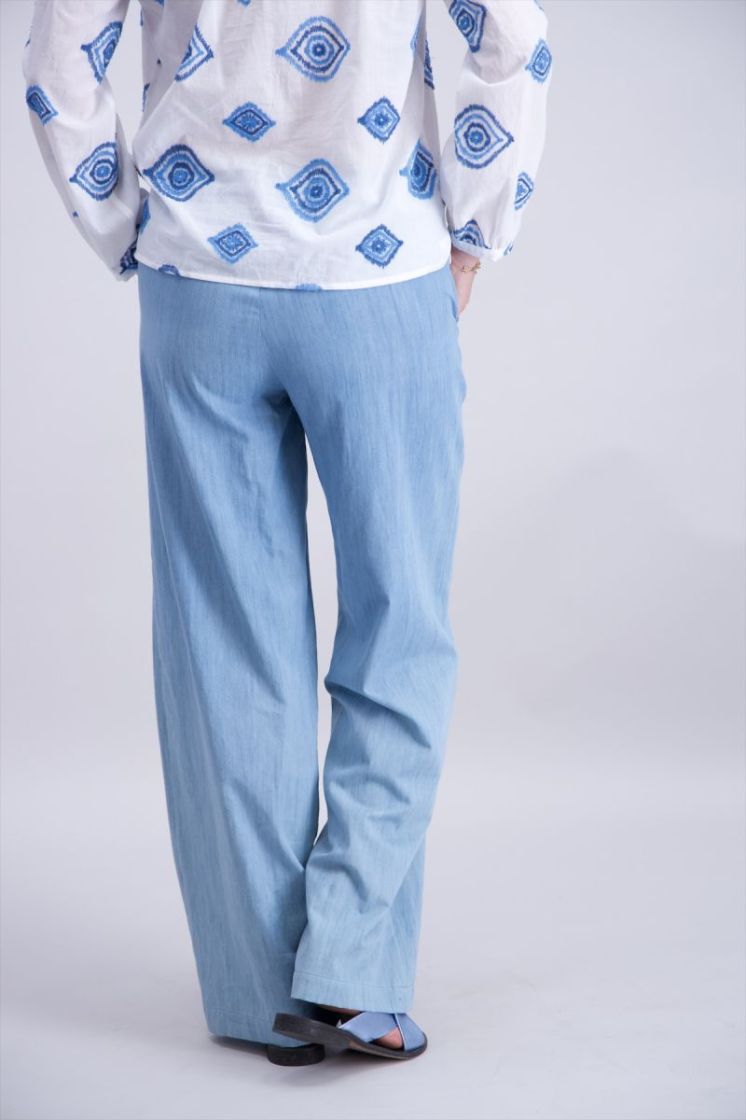 Broek brede pijpen tencel jeanslook rek bovenaan 6 light denim