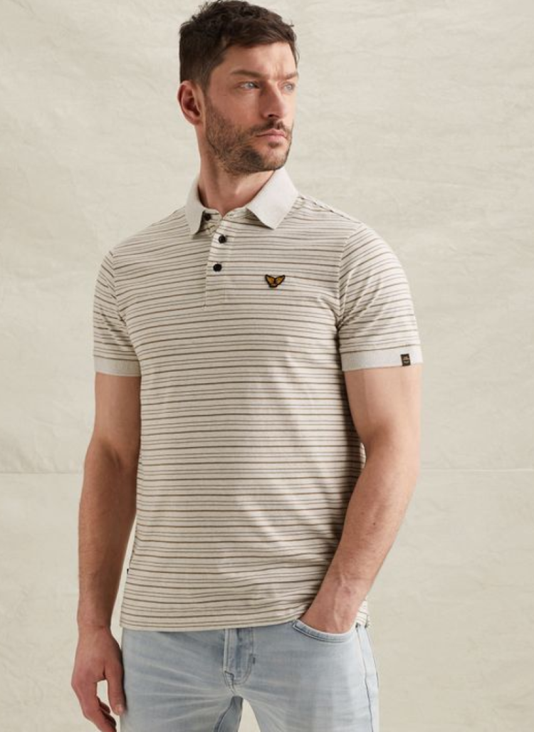 Polo fijn gestreept ecru taupe  7001 