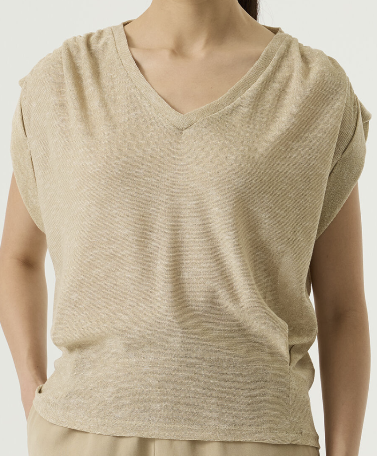 T-shirt v glitter frons aan schouder 7505 beige ston