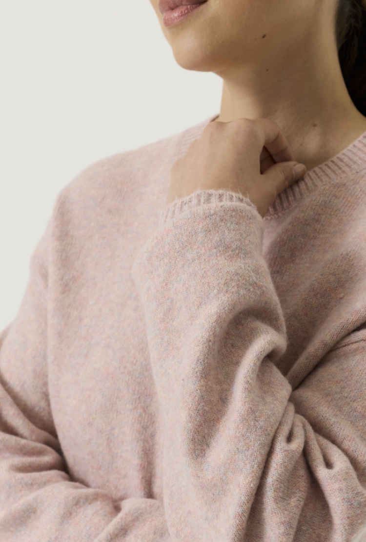 Pull gemeleerd roze grijs striklint onderaan 3106-dusty pink
