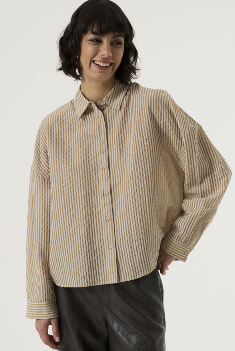 Hemd gestreept beige ecru met zilveren dotjes 4294-whitecap