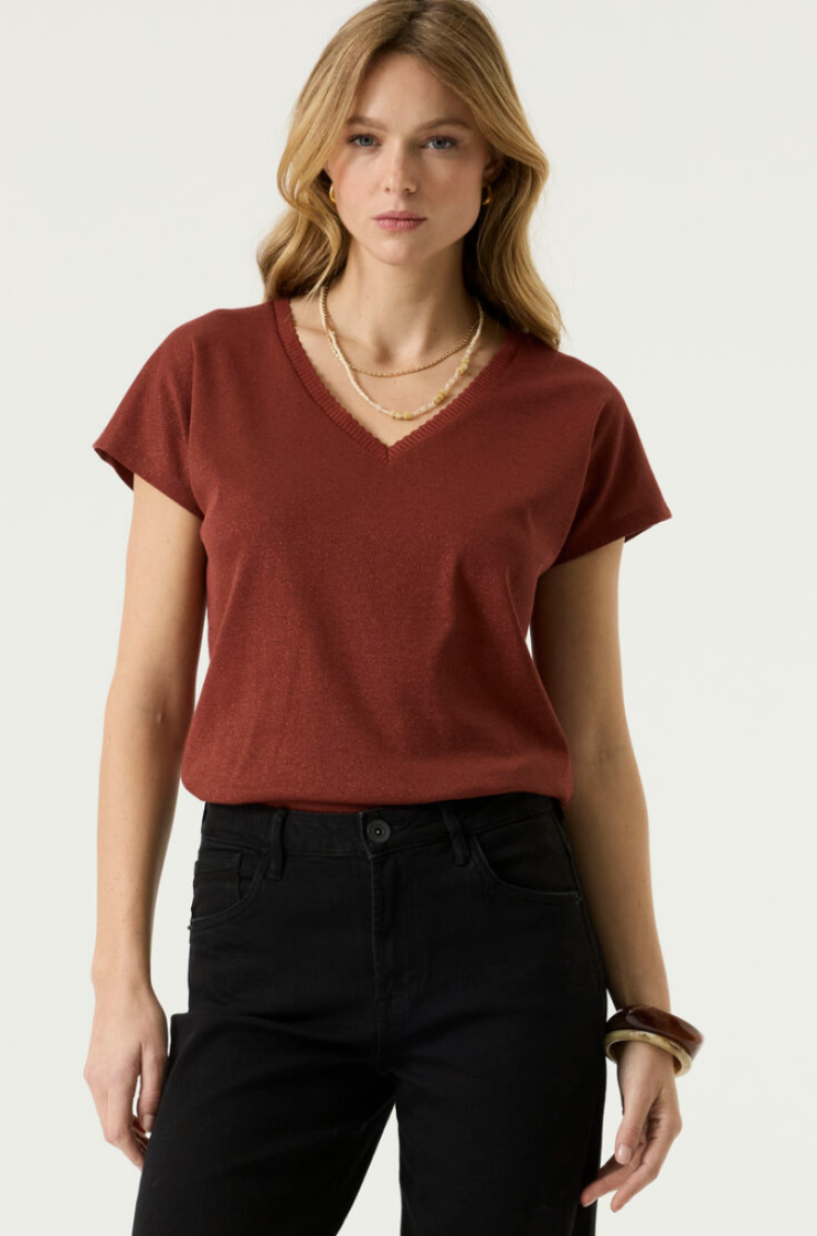 T-shirt effen v glitter km 4456-chili blush