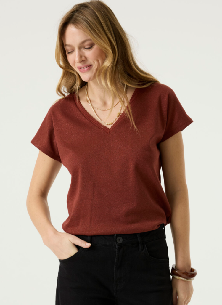 T-shirt effen v glitter km 4456-chili blush