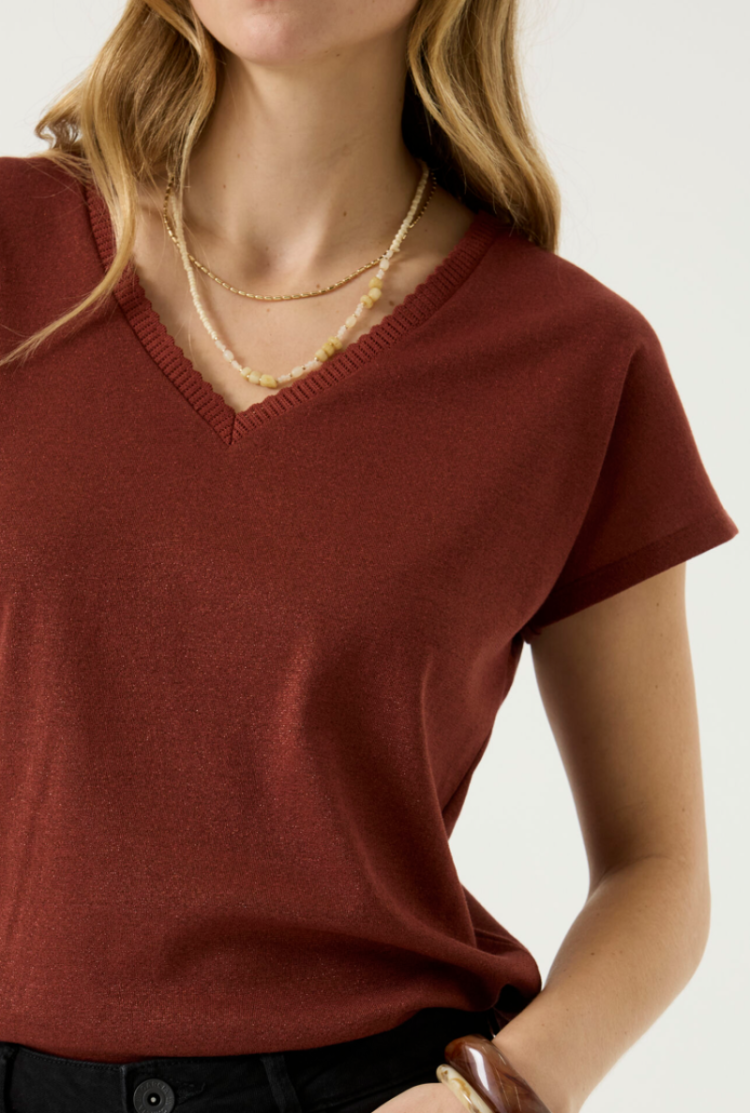 T-shirt effen v glitter km 4456-chili blush