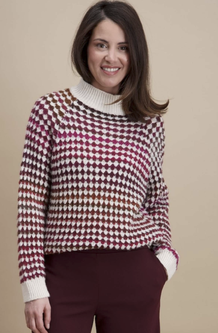 Pull bollenprint bordeaux bruin ecru 14 Ecru/bordeau
