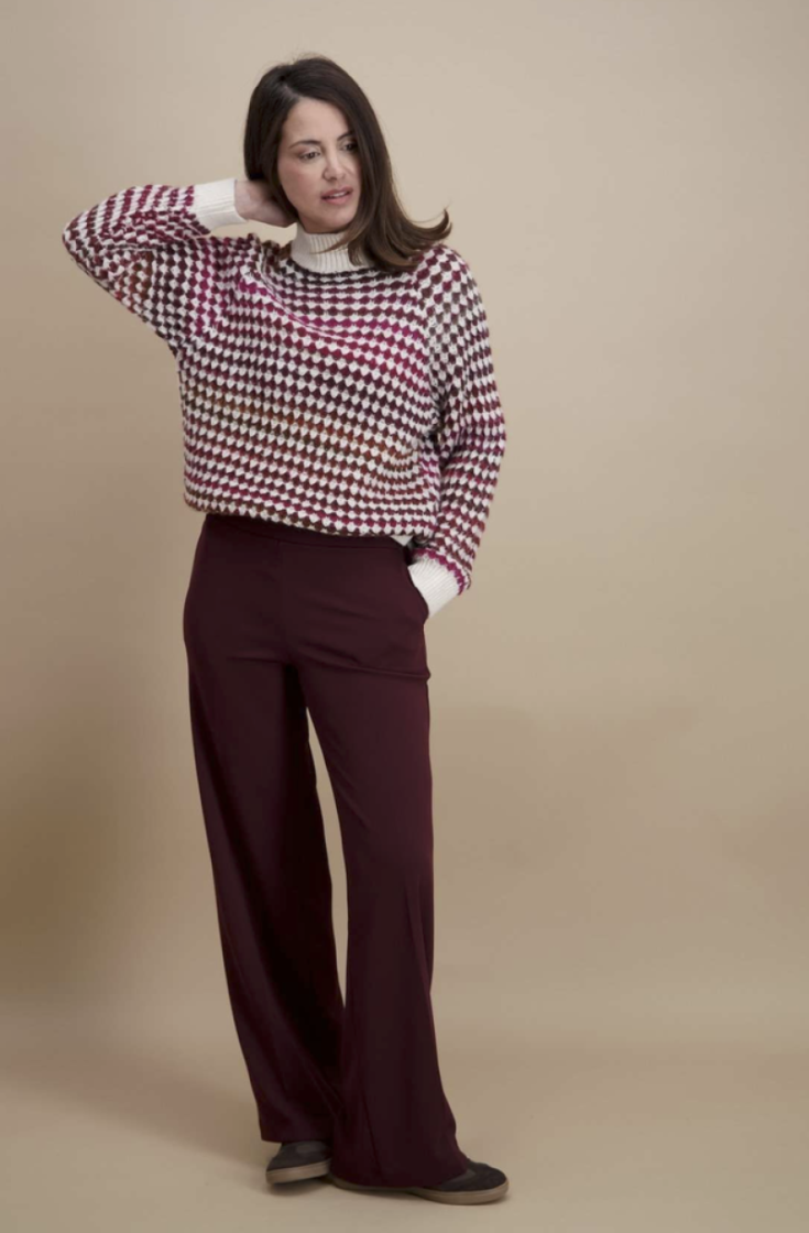 Pull bollenprint bordeaux bruin ecru 14 Ecru/bordeau