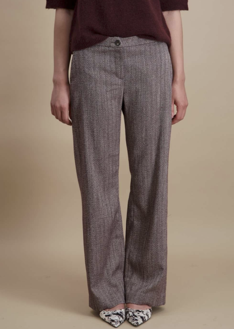 Broek brede pijpen kleine visgraat motief  14 Bordeau chin