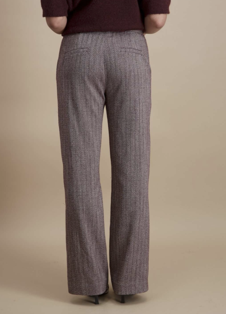 Broek brede pijpen kleine visgraat motief  14 Bordeau chin