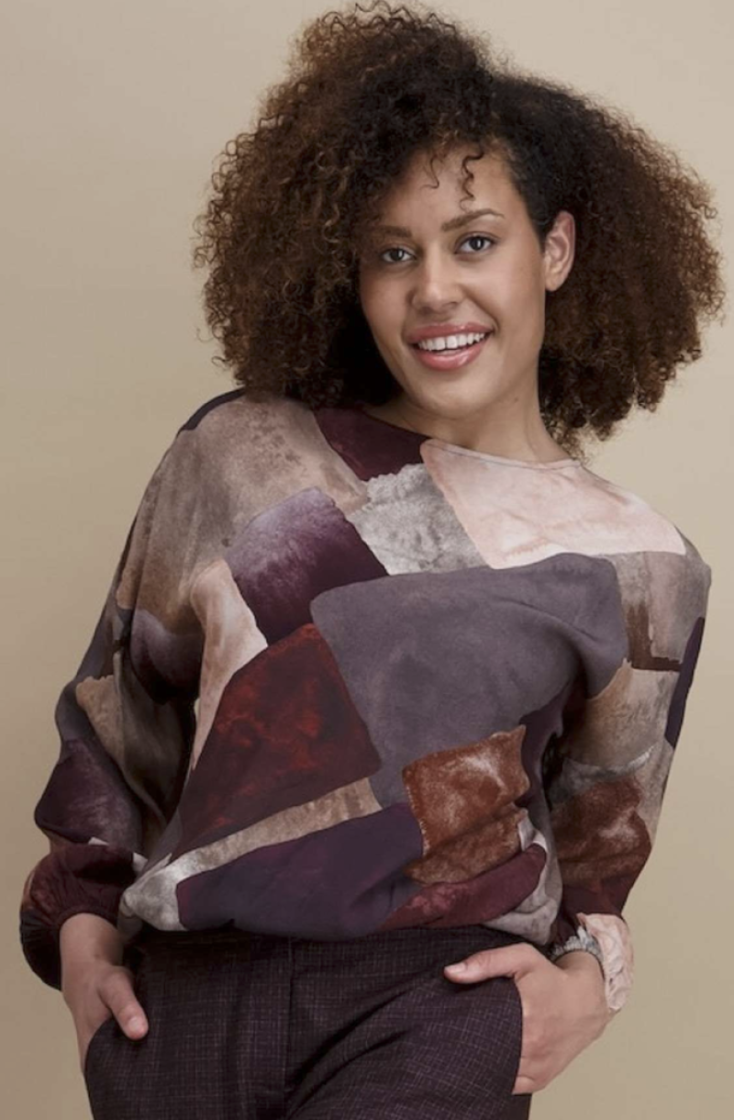 Blouse lm vlakkenprint bord zalm roest taupe 14 bordeau/rose