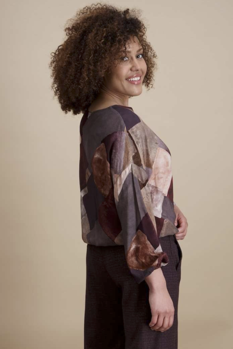 Blouse lm vlakkenprint bord zalm roest taupe 14 bordeau/rose