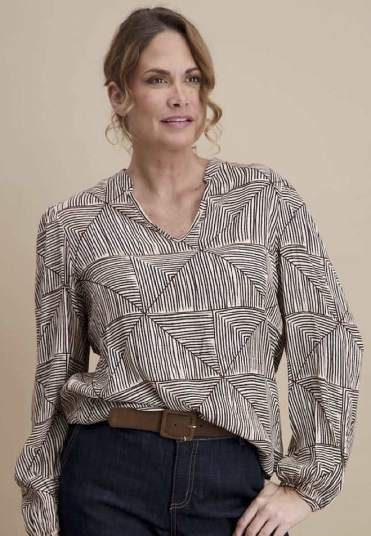 Blouse lm print streepjes in vlakken 03 marron/beige
