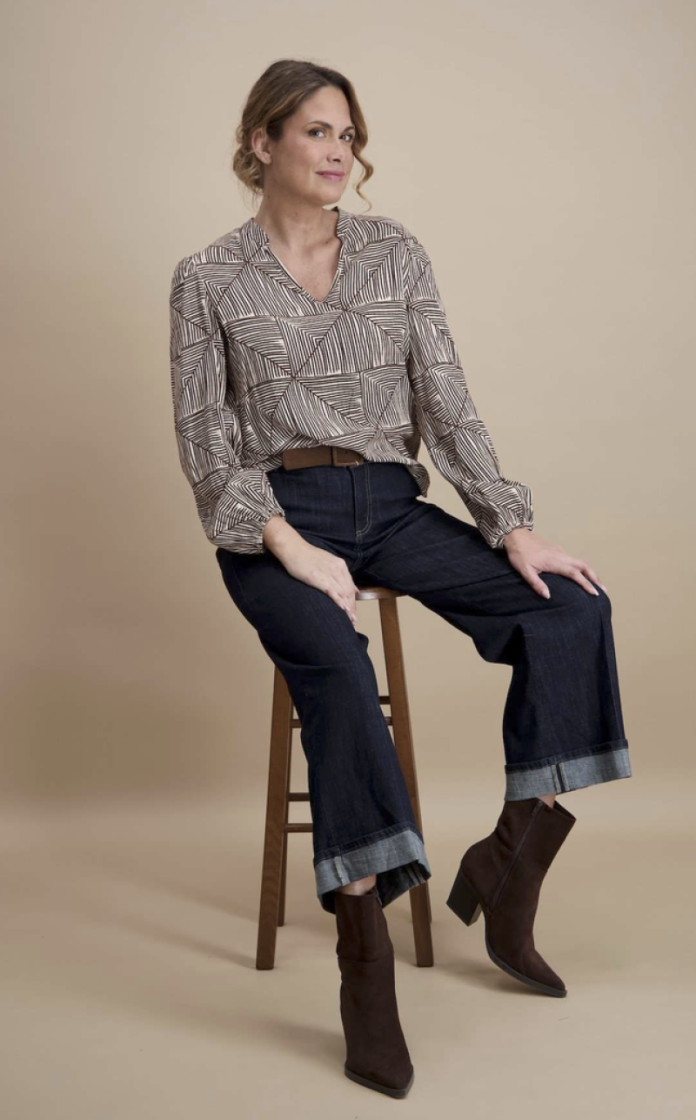 Blouse lm print streepjes in vlakken 03 marron/beige
