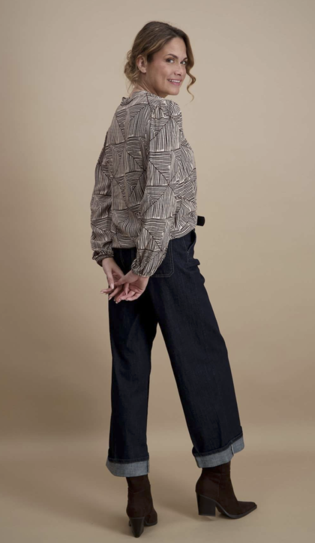 Blouse lm print streepjes in vlakken 03 marron/beige