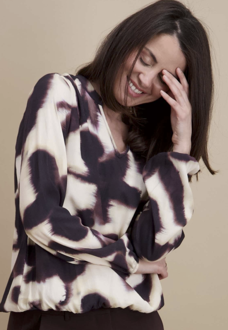 Blouse lm rek onderaan bloemvlekken ecru bordeaux 14 bordeaux/beige