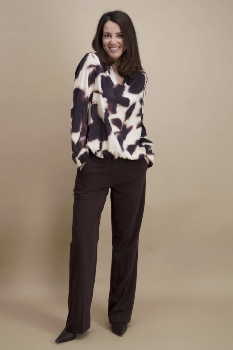 Blouse lm rek onderaan bloemvlekken ecru bordeaux 14 bordeaux/beige