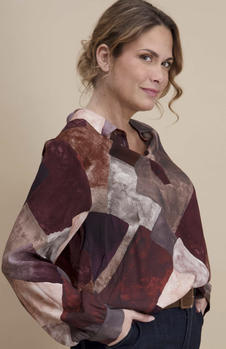Blouse met kraagje vlakkenprint bord roest zalm taupe 14 bordeau/rose