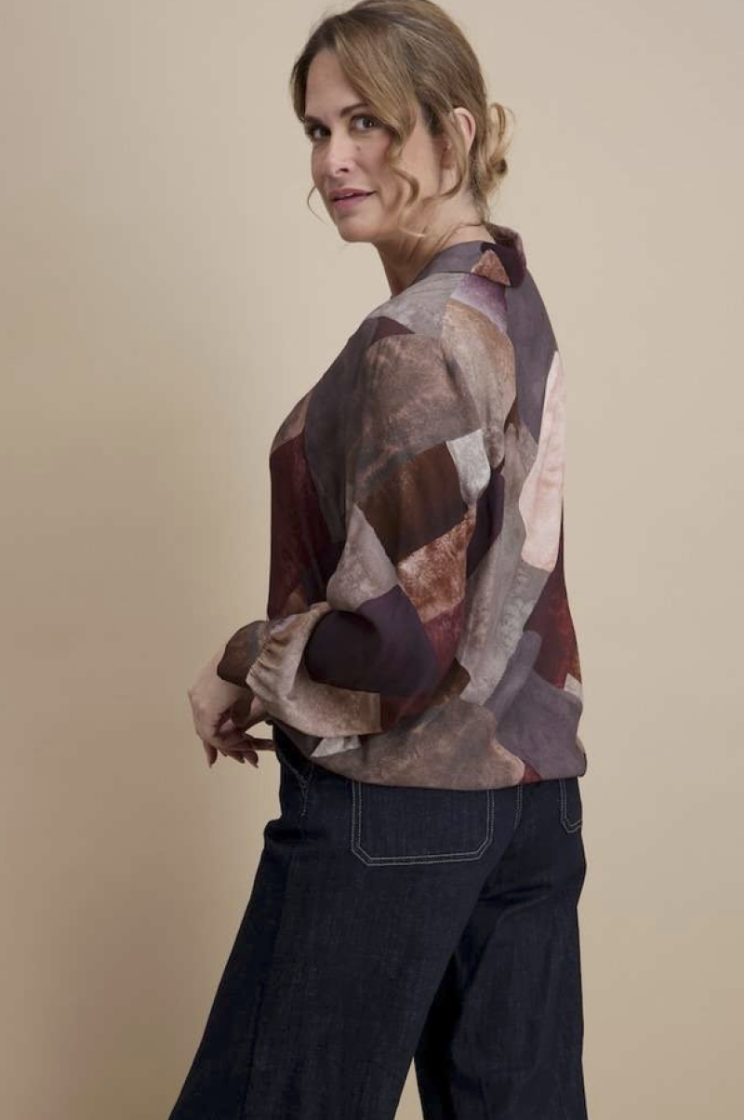 Blouse met kraagje vlakkenprint bord roest zalm taupe 14 bordeau/rose