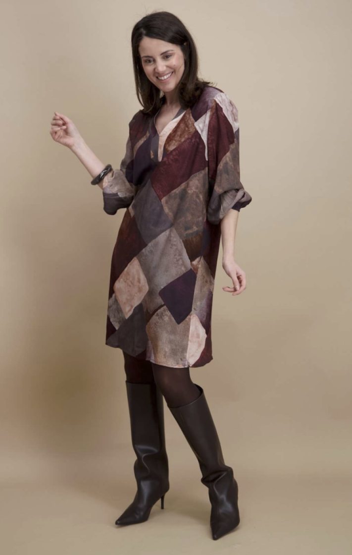 Kleed kort v lm print bordeaux zalm roest taupe  14 bordeau/rose