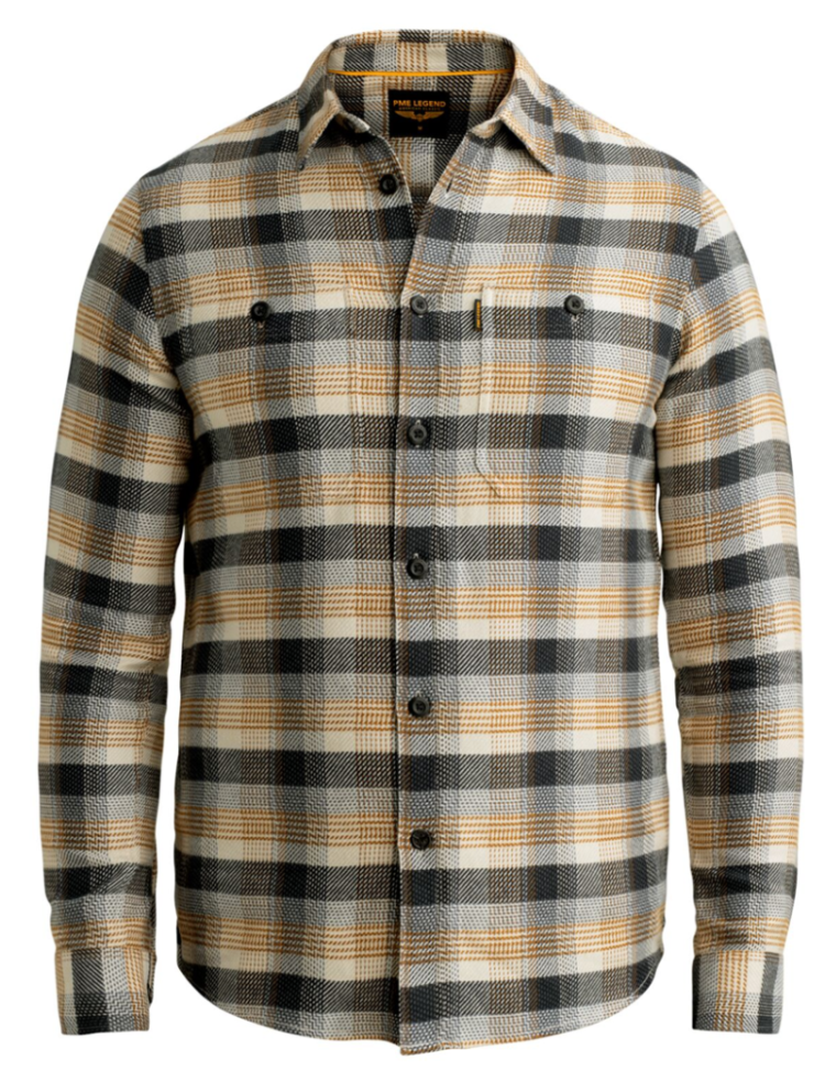 Hemd lm flannel ruiten oker grijs dbl 8187 Golden Bro