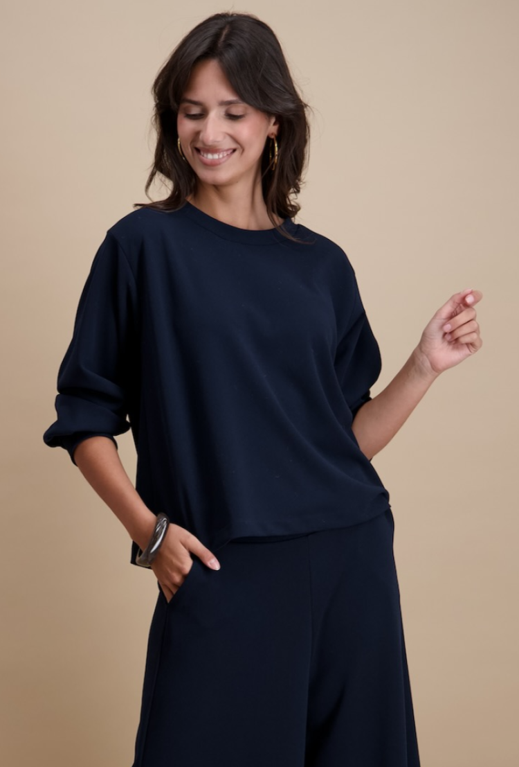 Blouse lm effen ronde hals  96 marine