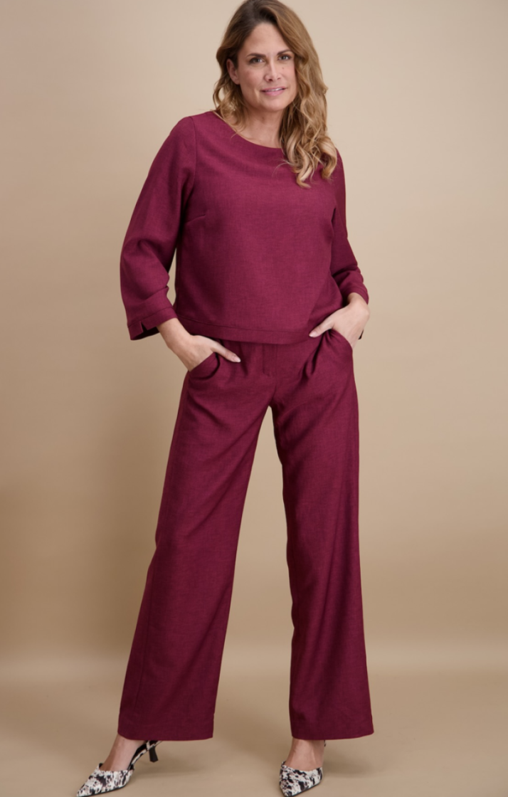 Broek brede pijpen glitterrek in rug 14 bordeaux 