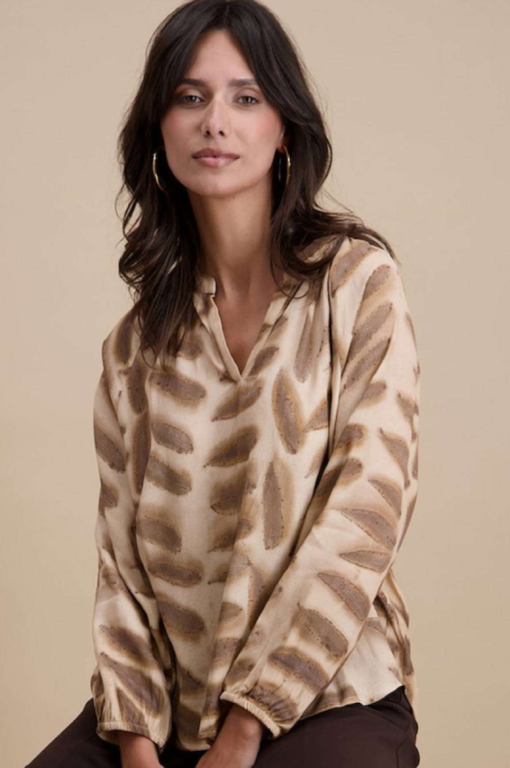 Blouse lm v blaadjesprint beige bruin 2 beige/marron