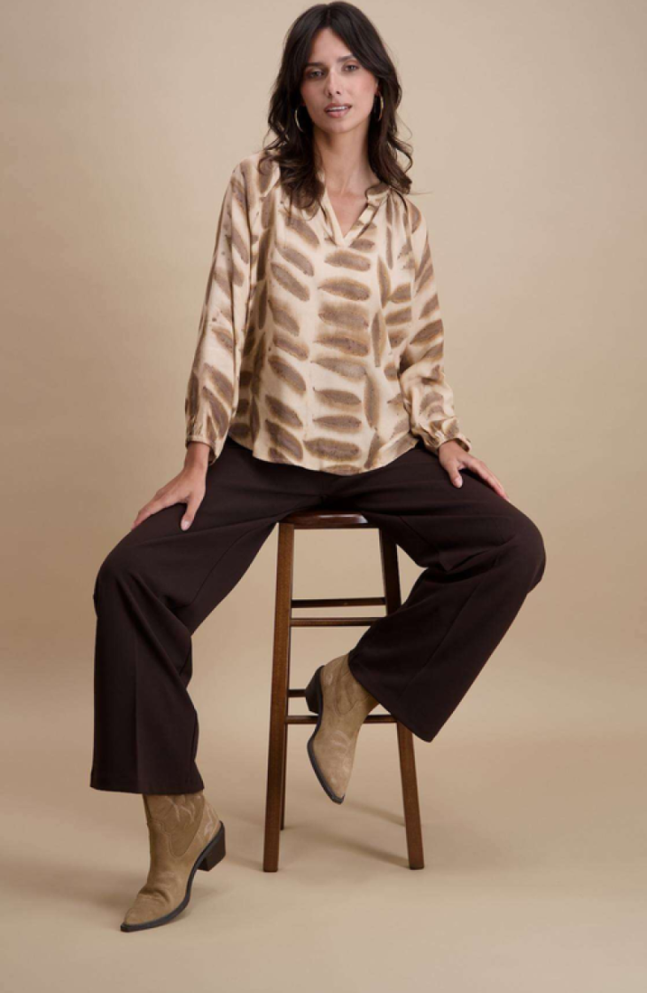 Blouse lm v blaadjesprint beige bruin 2 beige/marron