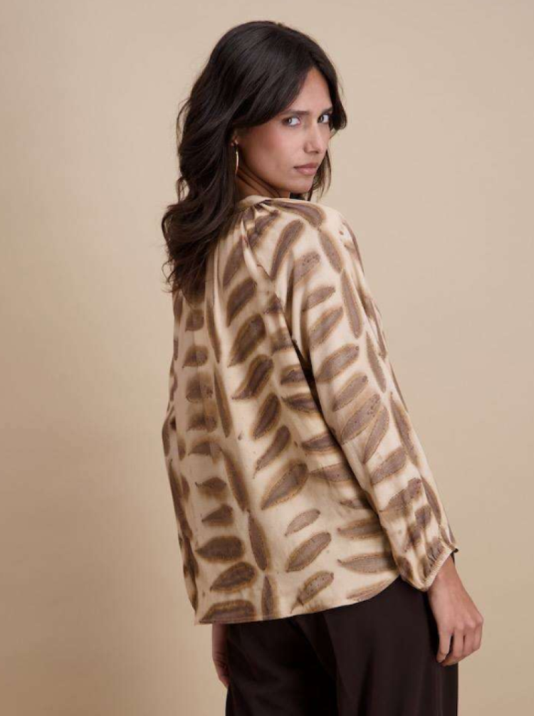 Blouse lm v blaadjesprint beige bruin 2 beige/marron