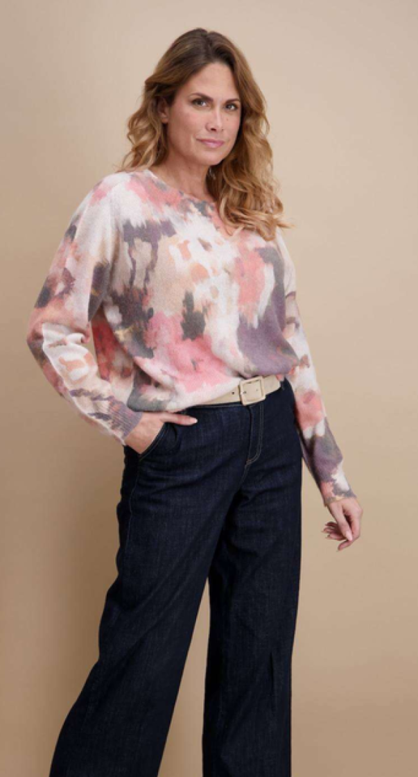 Dunne pull vage bloemen 4 rose/gris