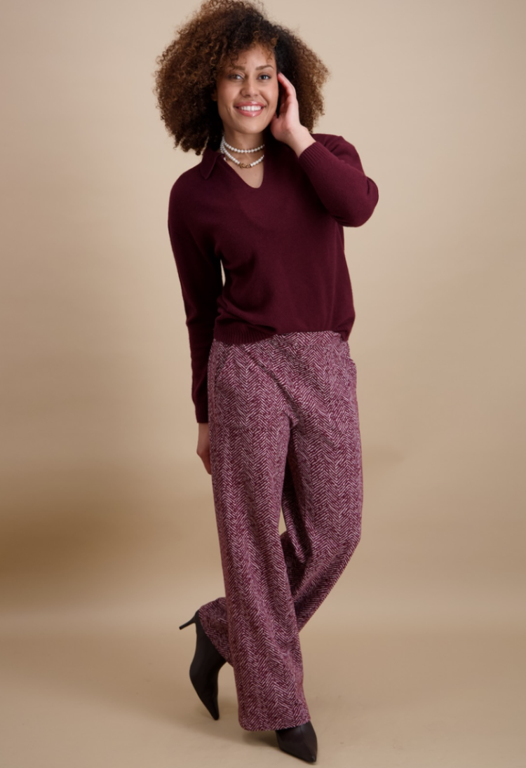 Broek visgraatmotief bordeaux ecru stretch brede pijpen 14 bordeau/gris