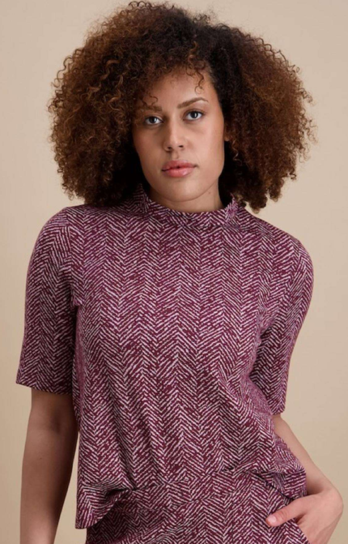 T-shirt opstaande hals visgraatmotief bordeaux ecru 14 bordeau/gris