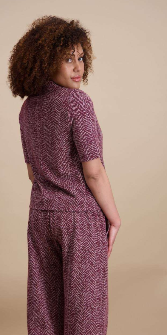 T-shirt opstaande hals visgraatmotief bordeaux ecru 14 bordeau/gris