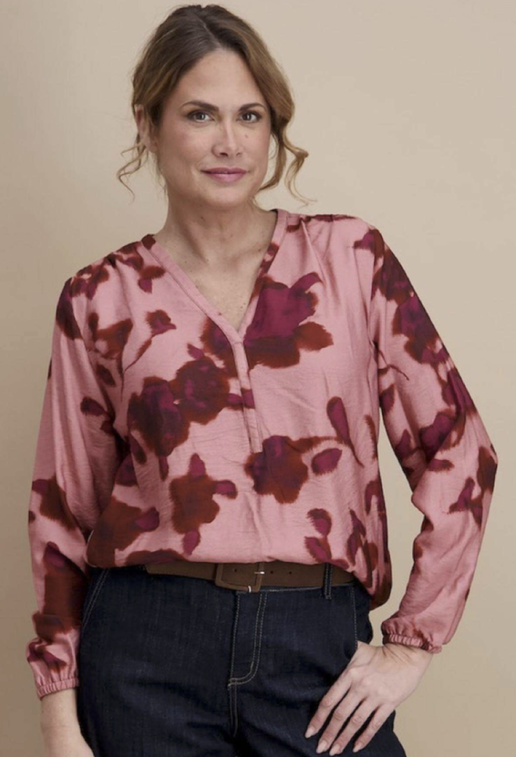 Blouse lm V zalm met bordeaux bloemen  4 vieux rose/bo