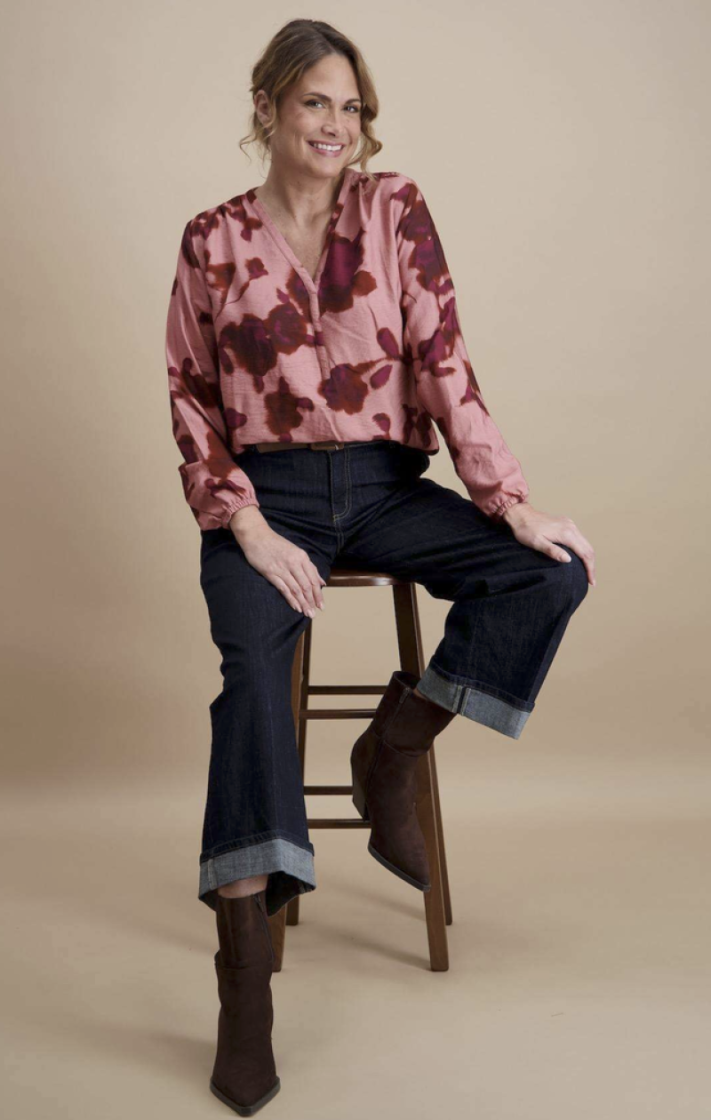 Blouse lm V zalm met bordeaux bloemen  4 vieux rose/bo
